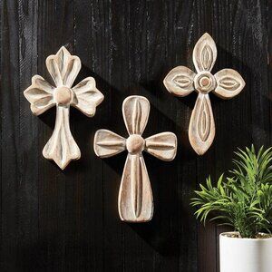 47th & Main Bologna Ornate Carved Wood Whitewash Cross/NWT